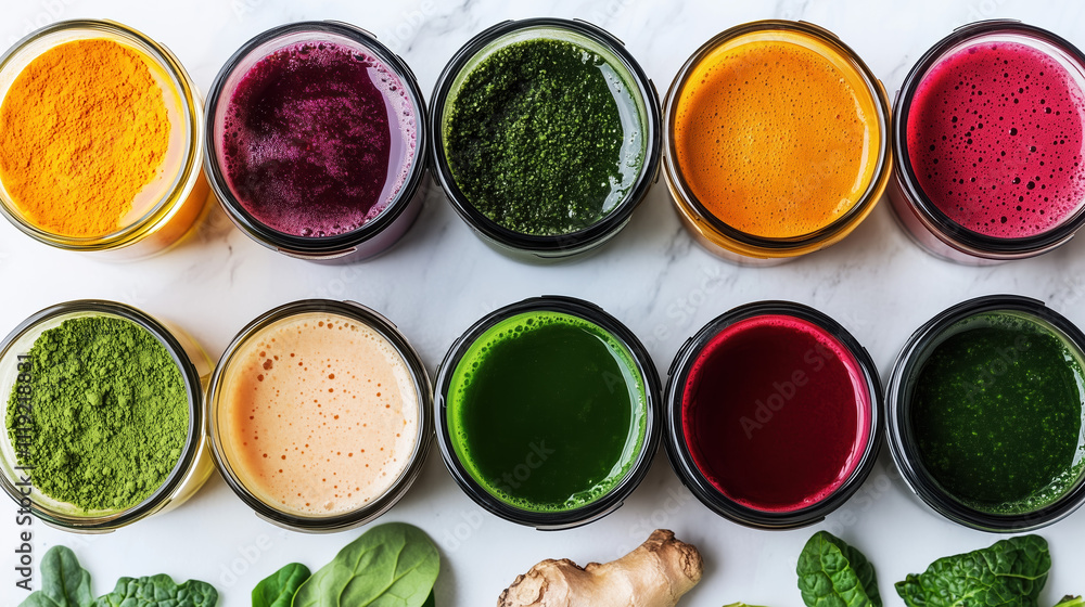 Mixed superfoods: wheatgrass, moringa, inulin, red beet root, spinach, barley grass, spirulina, kale, coconut, matcha tea, chlorella, turmeric lemon on white background Mixed superfoods: wheatgrass, moringa, inulin, red beet root, spinach, barley grass, spirulina, kale, coconut, matcha tea, chlorella, turmeric lemon on white background
