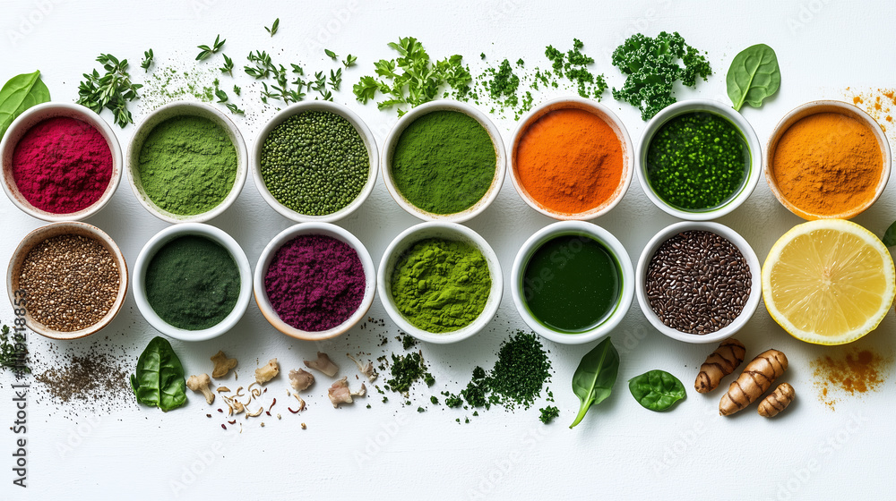 Flat lay of nutritious superfood powders mixed together: kale, spirulina, moringa, matcha tea, turmeric, and more on clean white backdrop Flat lay of nutritious superfood powders mixed together: kale, spirulina, moringa, matcha tea, turmeric, and more on clean white backdrop