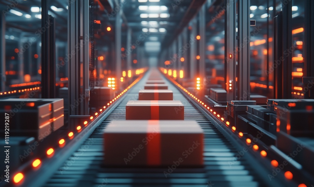 Automated warehouse conveyor belt with packages. Automated warehouse conveyor belt with packages.