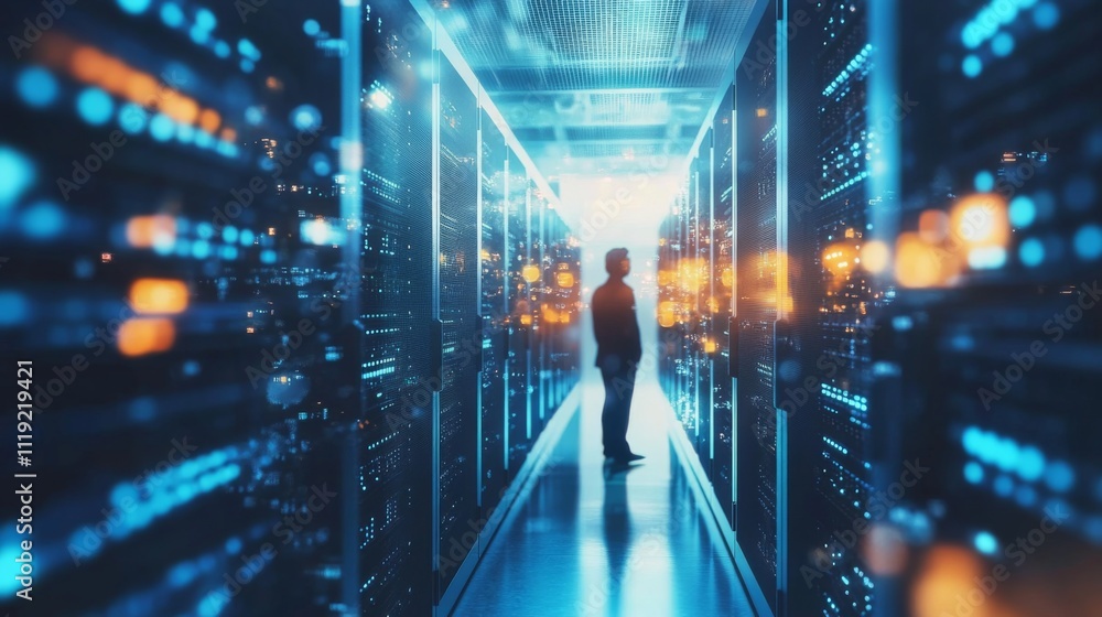 Silhouetted figure in futuristic server room with neatly arranged servers, illuminated by blue and orange lights. Silhouetted figure in futuristic server room with neatly arranged servers, illuminated by blue and orange lights.