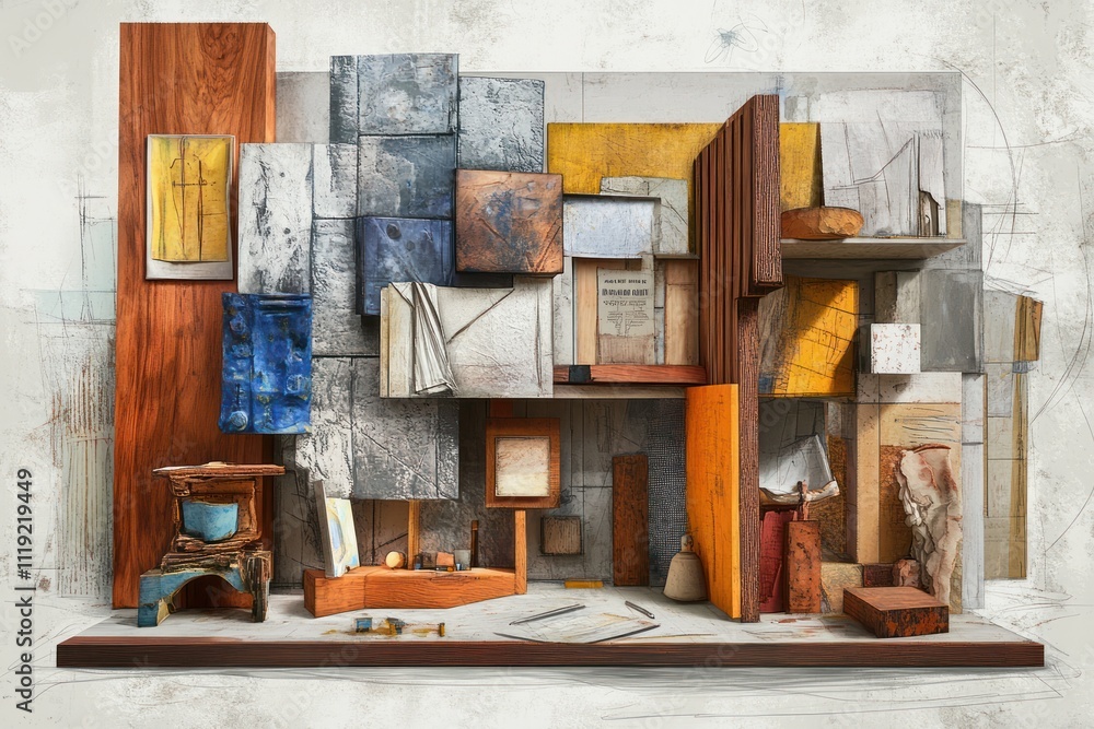Fototapeta premium A mixed-media art installation featuring various textures and colors in a structured composition.