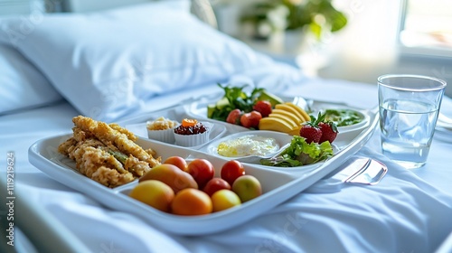 Healthy hospital meal tray with fruit, vegetables, and fish on a bed.