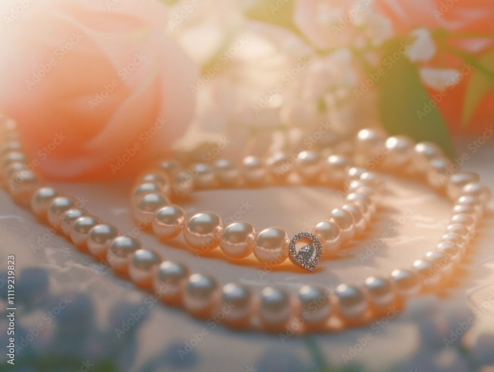 Elegant pearl necklaces arranged with soft flowers, creating a romantic atmosphere. Elegant pearl necklaces arranged with soft flowers, creating a romantic atmosphere.