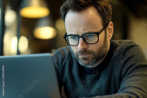 Man with glasses intently uses laptop.