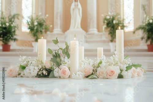 Ethereal Celebration Candlelit Church Altar Decor for Feast of the Immaculate Conception, Christmas, Easter photo