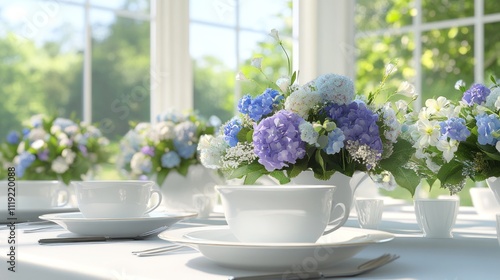 A bright dining setting adorned with floral centerpieces and elegant tableware.