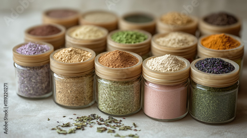 Eco-friendly cosmetic herbal jars with natural ingredients for organic skincare and wellness. photo