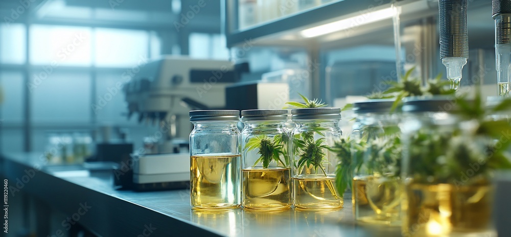Cannabis plants in jars with golden liquid in a lab. Cannabis plants in jars with golden liquid in a lab.