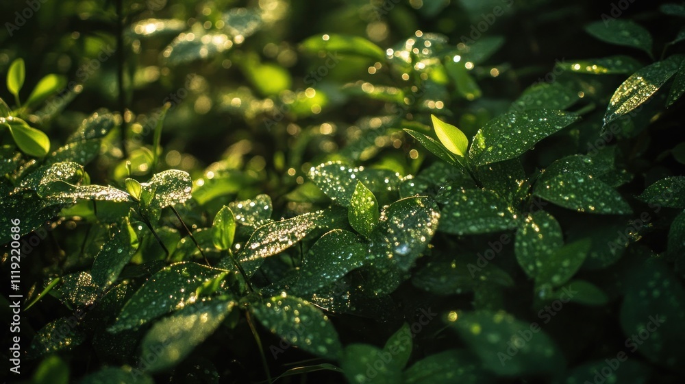 Dewy Green Leaves in the Sunlight