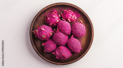 Dragon fruits with pink powder and wooden dish showcasing tropical beauty on white canvas. photo