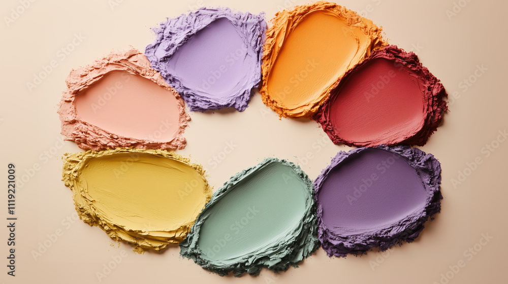 aesthetic of colorful clay masks arranged on light pastel seamless background. aesthetic of colorful clay masks arranged on light pastel seamless background.