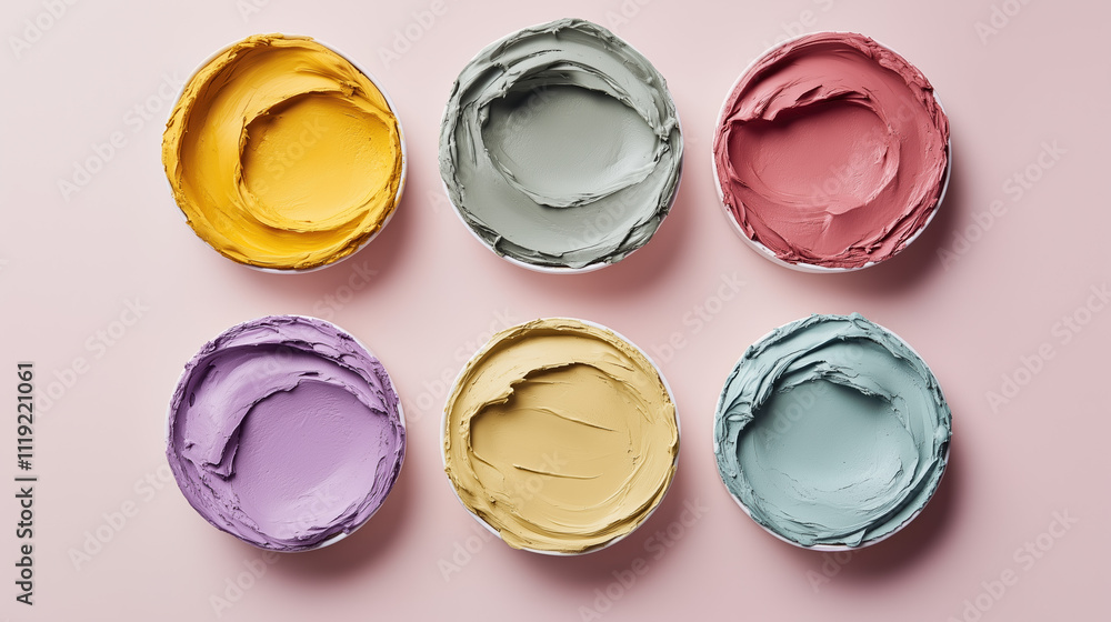Artistic display of bright clay masks, pastel seamless background, hyper-realistic design. Artistic display of bright clay masks, pastel seamless background, hyper-realistic design.