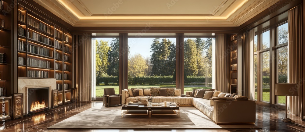 Modern Luxury Living Room Interior with a Fireplace and Outdoor View Modern Luxury Living Room Interior with a Fireplace and Outdoor View