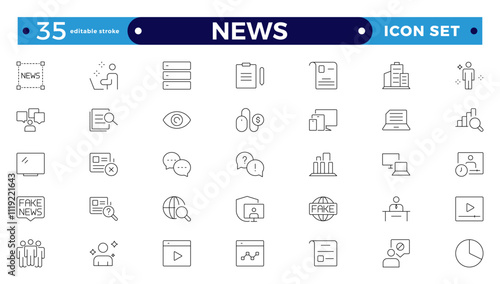Media and news outline icons collection. Television, blogging, social media, video, promotion icons. UI icon set. Containing journalists, press conference, newspaper. Editable stroke outline icon.