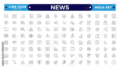 Media and news outline icons collection. Television, blogging, social media, video, promotion icons. UI icon set. Containing journalists, press conference, newspaper. Editable stroke outline icon.