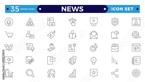 Media and news outline icons collection. Television, blogging, social media, video, promotion icons. UI icon set. Containing journalists, press conference, newspaper. Editable stroke outline icon.