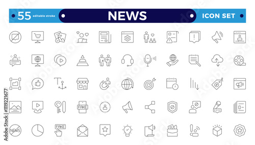 Media and news outline icons collection. Television, blogging, social media, video, promotion icons. UI icon set. Containing journalists, press conference, newspaper. Editable stroke outline icon.