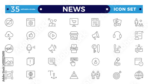 Media and news outline icons collection. Television, blogging, social media, video, promotion icons. UI icon set. Containing journalists, press conference, newspaper. Editable stroke outline icon.
