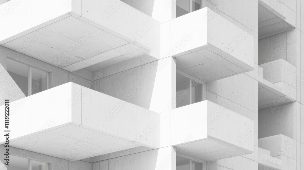 A close-up view of a modern concrete building with balconies and large windows. A close-up view of a modern concrete building with balconies and large windows.