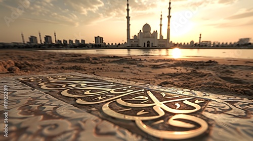 Islamic art tile at sunset, mosque in background. photo