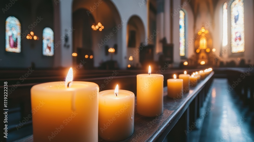 A serene interior of a church with lit candles creating a peaceful atmosphere. A serene interior of a church with lit candles creating a peaceful atmosphere.