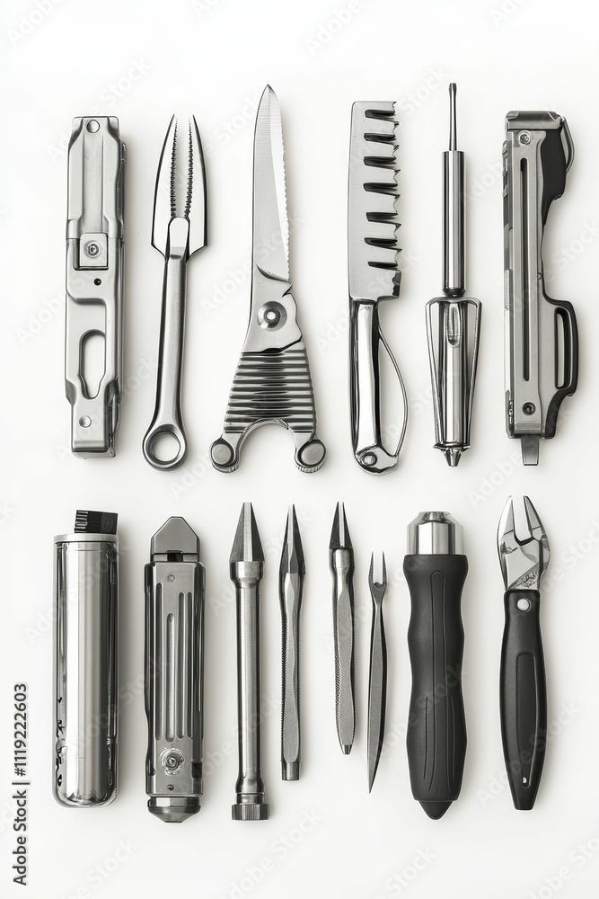 Metallic tools arranged neatly on white background. Metallic tools arranged neatly on white background.