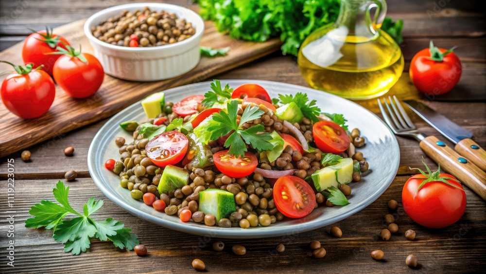 Healthy Lentil Salad with Celery, Parsley, Tomatoes, and Olive Oil Dressing on Rustic Wooden Surface Healthy Lentil Salad with Celery, Parsley, Tomatoes, and Olive Oil Dressing on Rustic Wooden Surface