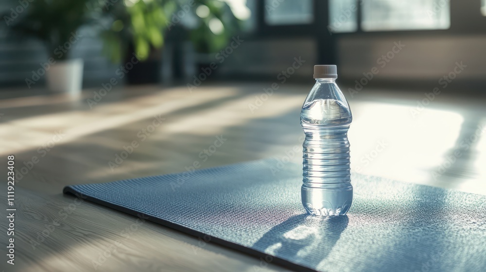 Close-up of water bottle on yoga mat in clean gym Close-up of water bottle on yoga mat in clean gym