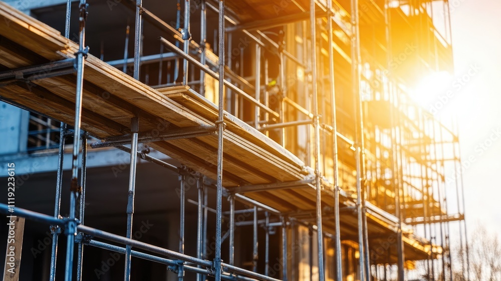 Detailed shot of scaffolding at a construction site, highlighting metal planks, joints, and the building structure behind it Detailed shot of scaffolding at a construction site, highlighting metal planks, joints, and the building structure behind it
