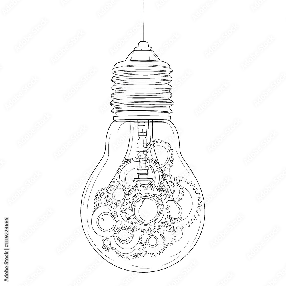 Minimalist line drawing of a light bulb with gears inside, with a creative and innovative mood, on a transparent background. Minimalist line drawing of a light bulb with gears inside, with a creative and innovative mood, on a transparent background.