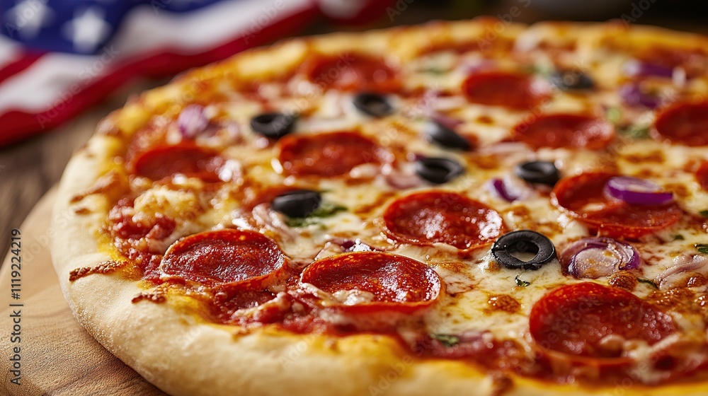 Delicious pepperoni pizza with olives and red onions. Delicious pepperoni pizza with olives and red onions.