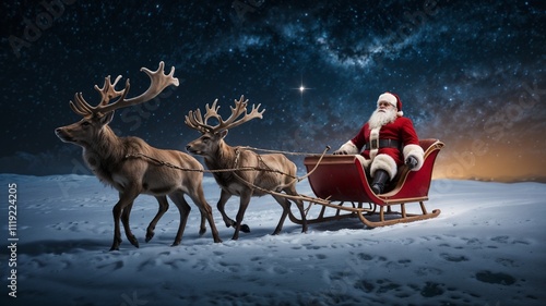 Santa Claus rides red sleigh pulled by two reindeer through a starry night sky
