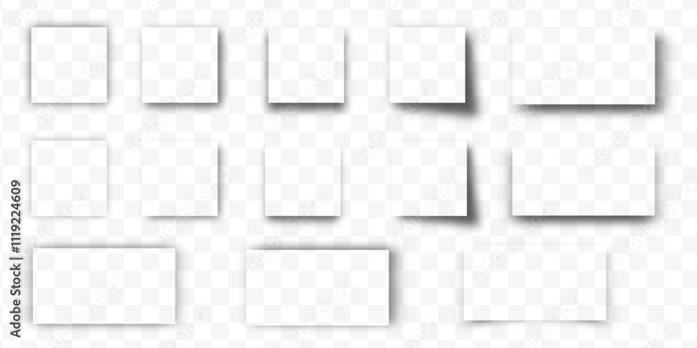 Shadow overlay effect collection. Square and rectangle box transparent shadows set. Soft shades isolated 