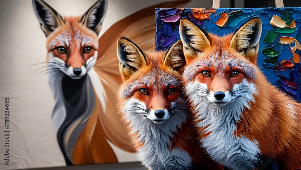 Fototapeta premium Portrait painting of foxes with oil paints in various colors. Conceptual abstract painting of fennec bird snout. Close-up of painting with oil paint and palette knife on canvas. 