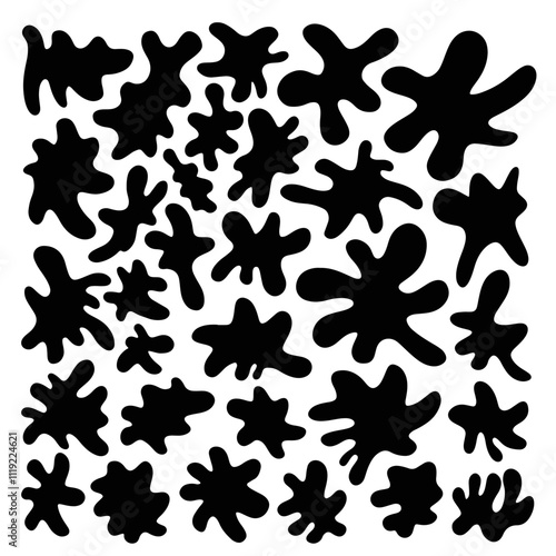 Organic shapes set. Liquid irregular random blobs collection. Abstract black fluid forms