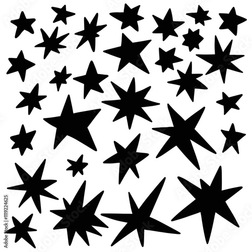 Doodle star collection. Hand drawn vector stars and sparkles symbols set
