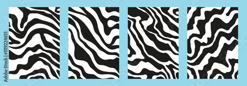 Trendy monochrome background collection. Simple wavy pattern set with black and white lines. Doodle Zebra print