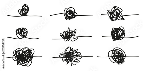 Chaotic thoughts doodle lines set.  Insane scribble symbols or confused brain chaos sign collection