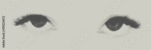 Beautiful halftone female eyes. Halftone dotted human sight cutout style. Y2k retro vector collage template