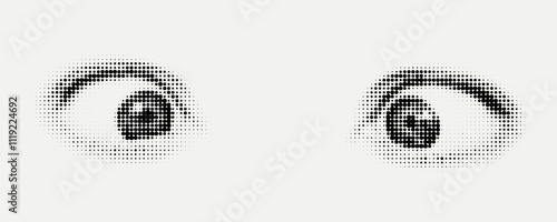 Funny halftone human eyes. Halftone dotted eye sight cutout style. Y2k retro vector collage template