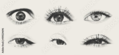 Halftone human eyes collection. Set of trendy collage elements eye sight. Contemporary grunge style.