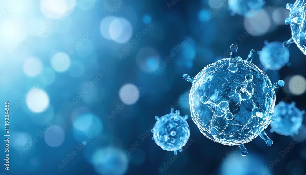 Abstract representation of microorganisms in a vivid blue environment, illustrating the complexities of microscopic life. Abstract representation of microorganisms in a vivid blue environment, illustrating the complexities of microscopic life.