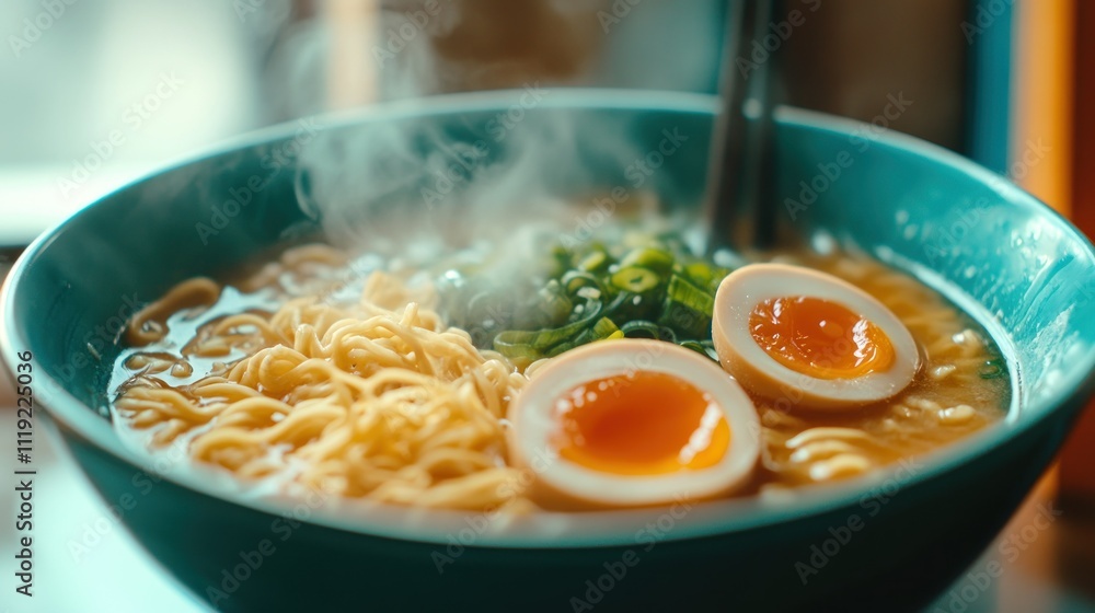 Steaming Bowl of Ramen Noodles with Eggs and Green Onions Steaming Bowl of Ramen Noodles with Eggs and Green Onions