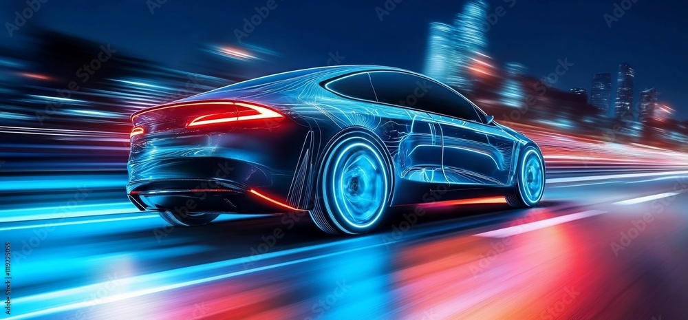 Futuristic car speeding on city highway at night. Futuristic car speeding on city highway at night.