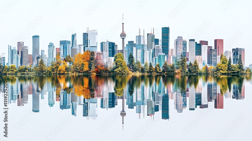 Obraz premium City skyline reflected in calm water, autumn foliage. Generative ai