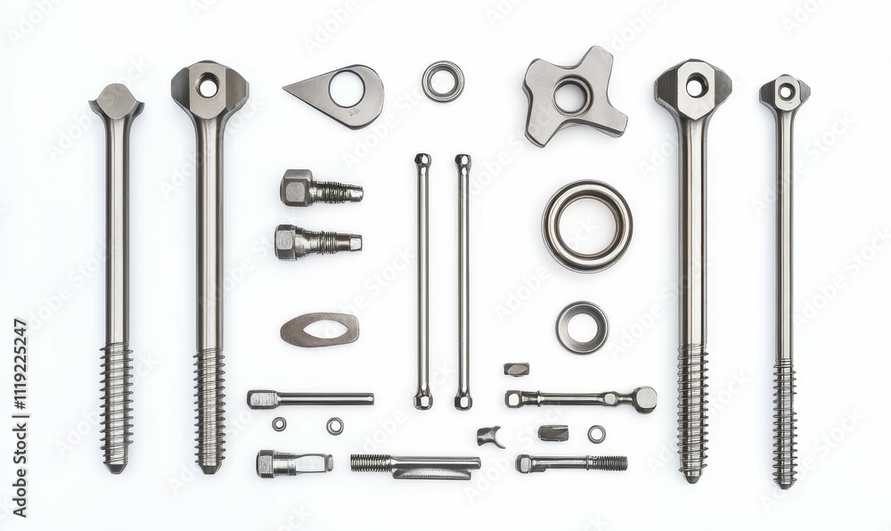 Metal components arranged on white background. Metal components arranged on white background.