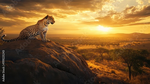 Leopard on Rocky Outcrop at Sunset in African Savanna photo