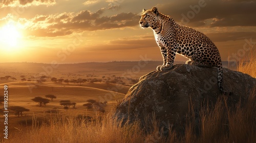 Leopard on Rocky Outcrop at Sunset in African Savanna photo