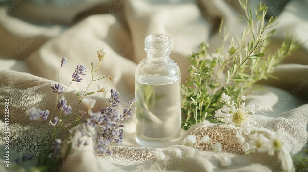Glass Bottle of Liquid with Flowers on Fabric Glass Bottle of Liquid with Flowers on Fabric