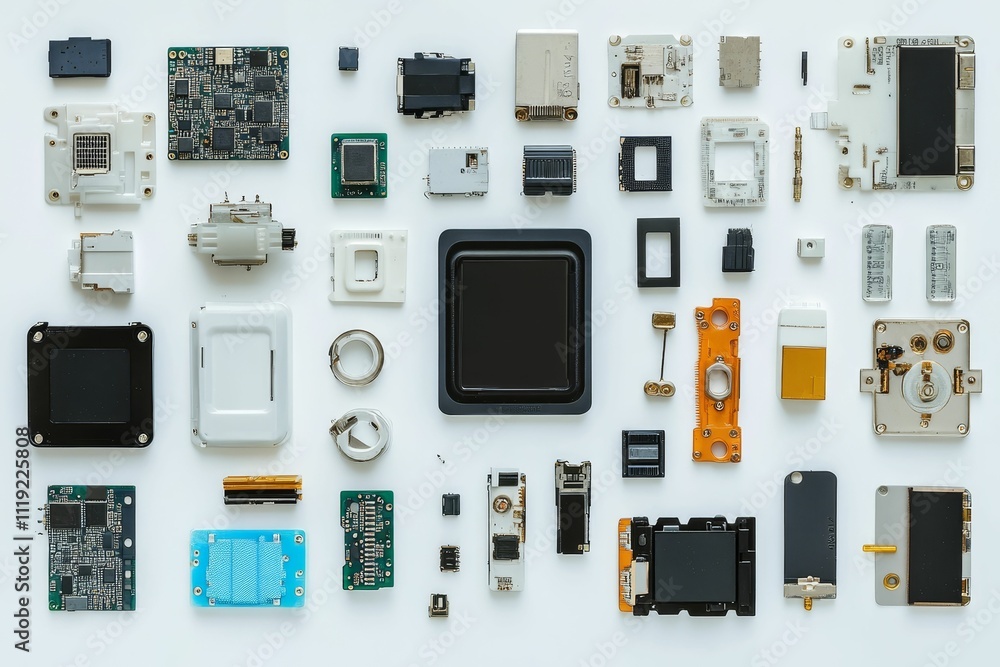 Assorted electronic components arranged on white. Assorted electronic components arranged on white.